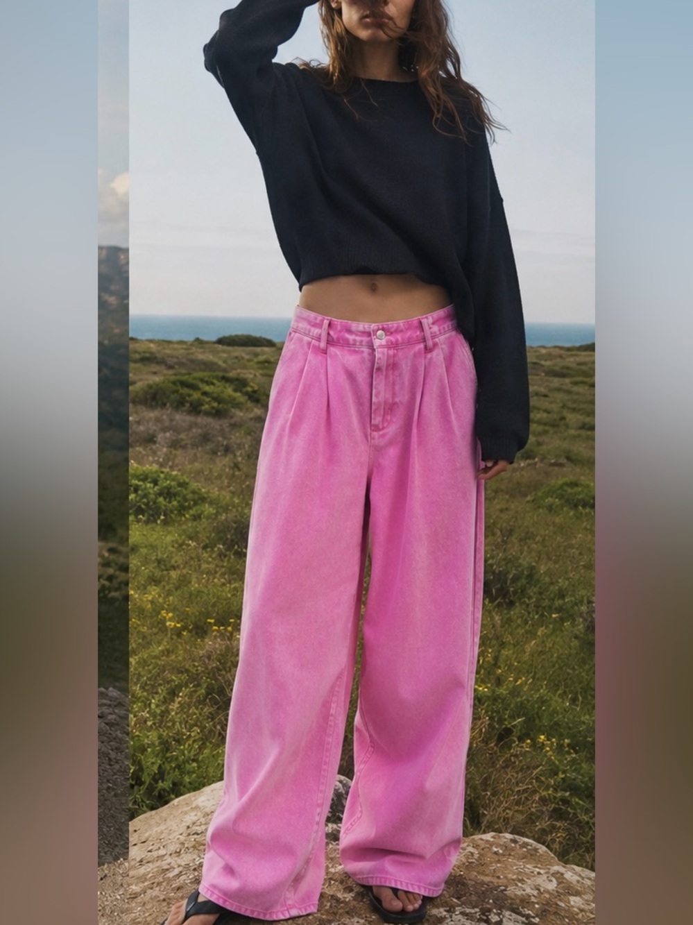 Avec Les Filles Pink Wide Leg Pleated Jeans